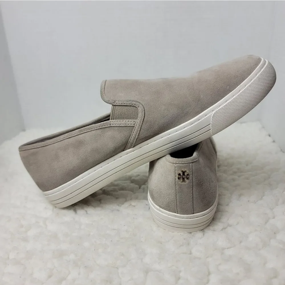Tory Burch Jesse Slip-On  Sneaker Size 10.5   Gray Suede Gold Logo Back Shoes